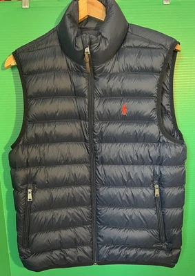 Polo Ralph Lauren 男式羽绒背心海军蓝 S 码红色小马标志 100% 陶氏 — 第 1/4 张图片