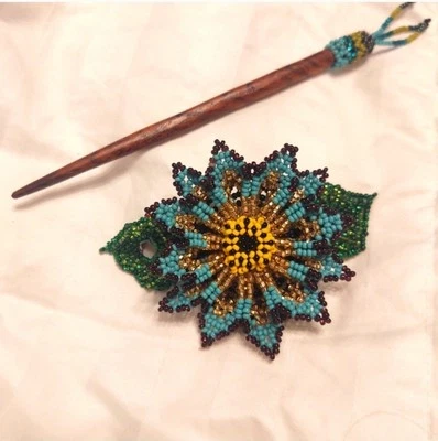 Hair Barrette with Wood Dowel; turquoise, gold, bronze - Image 1 of 3