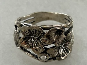 Sterling Silver 925 Israel Flower Ring w Pearl Size 8 - Picture 1 of 4