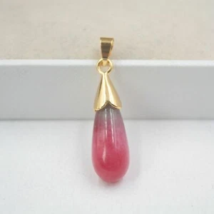 Genuine Green Red Jade Teardrop Drop Yellow Gold Plated Pendant Chain Necklace - Picture 1 of 4