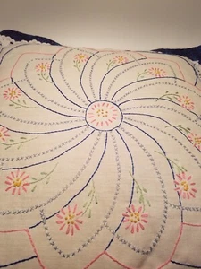 Vintage Handmade Embroidered Throw Pillows Floral Blue Pink 18" x 18" - Picture 1 of 9