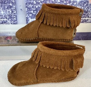 Minnetonka Unisex Toddler Sz 5 Brown Leather Suede Fringe Moccasins 1182 - Picture 1 of 12