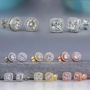 Orecchini Quadrati Rotondi Donna Ragazze Zirconio Cubico Gioielli Argento 925 Borchia Oro - Foto 1 di 9