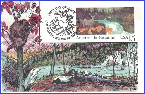 USA7 #UX133 U/A COLLINS HAND PAINTED FDC   Deer Beside Woodland Waterfall - Image 1 of 1