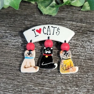 Vintage "I Love Cats" Ceramic Brooch. Jewelry. Dangle. - Picture 1 of 4