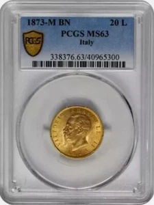 ITALIA, ORO 20 LIRAS 1873-M BN PCGS MS 63, RARO1 - Imagen 1 de 2
