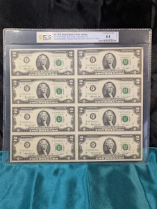 1976 $2 Bills, Uncut Sheet Uncirculated, Sheet of 8 - PCGS Uncirculated 61 - Picture 1 of 2