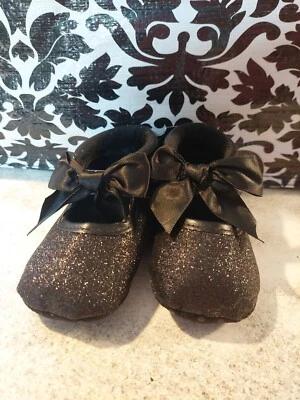Baby Shoes Girls Sz 3 Infant Black Glitter Dress Bow 12-18mths Mary Jane Slipper - Image 1 of 4