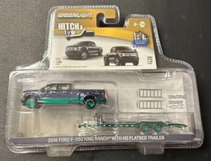 1:64 Greenlight 2018 Ford F-350 King Ranch HD Flatbed Trailer Blue Chase - Picture 1 of 1