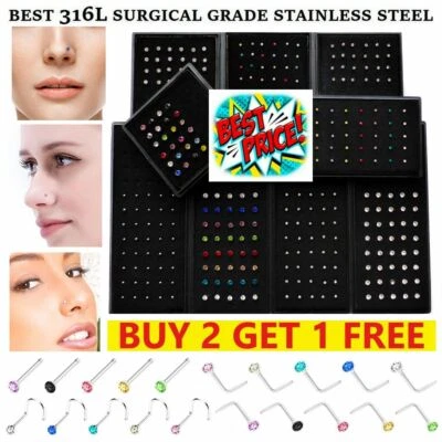 Nose Studs Set Straight Screw I L Shape Silver Ball Surgical Steel Gold Piercing - Image 1 of 4