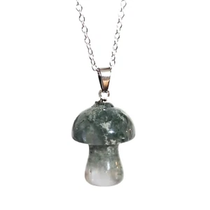 Mushroom Pendant Moss Agate 925 Chain Necklace Gemstone Spiritual Boho Jewellery - Picture 1 of 7