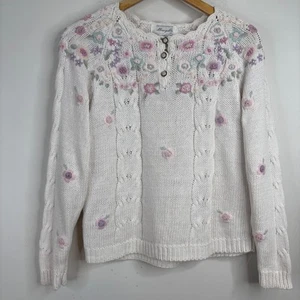 Maglione Margules vintage anni 90 L ricamato cavo floreale cottage nonna perla boho - Foto 1 di 7
