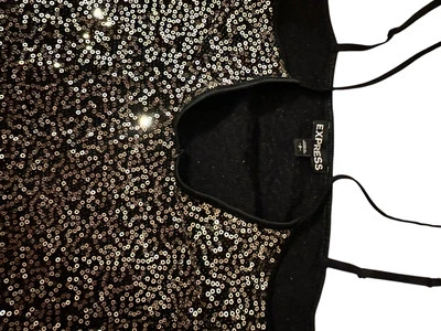 Blusa Camisa EXPRESS Damas Negra Dorada Con Cuentas Lentejuelas Patrón Talla S Foto 1 de 3