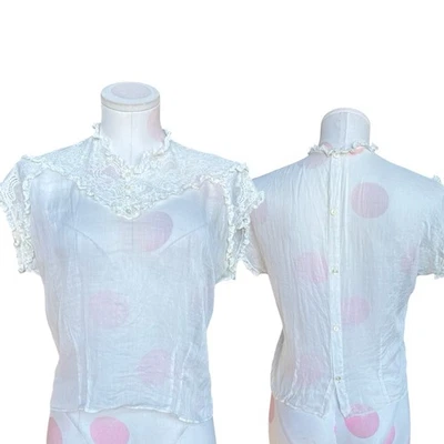 Blusa vintage años 70 de lino blanco y encaje - mediana Foto 1 de 4