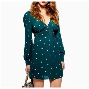 TopShop Polka Dot Rusched Mini Dress | Sz 10, Green & White | NWT $75 - Picture 1 of 12