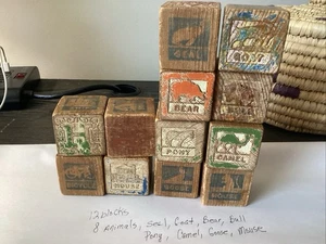 VTG Wooden Ribbed Blocks Set Of 20 Animals On Each Nursey Granny Core, Baby - Picture 1 of 17