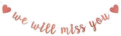 Rose Gold Glitter 'We Will Miss You' Banner - Retirement & Going Away Party Deco - Image 1 of 4