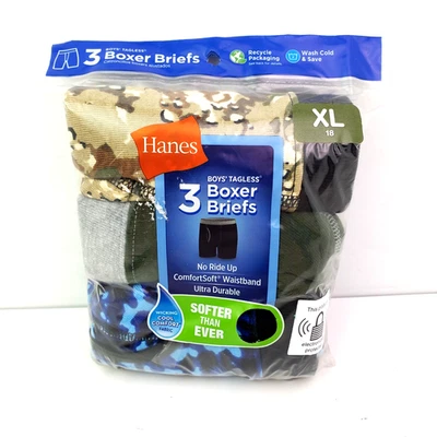 Hanes Youth Boys Sz XL 18 Camo Multi Soft Tagless Boxer Briefs Underwear 3 Pk - Image 1 of 4