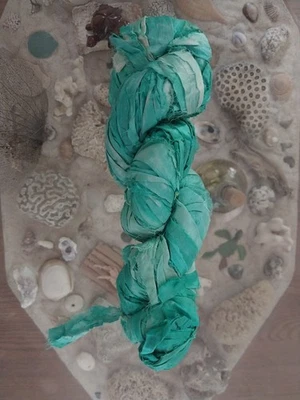  Recycled Sari Silk Ribbon 100 gr Skein Green Shade - Image 1 of 3