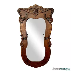 Antique Large Victorian Oak Entryway Wall Mirror w/ Hat Hooks - Picture 1 of 12