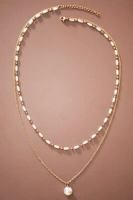 18K Gold Dipped Layered Faux Pearl Beaded Chain Necklace - Image 1 of 4