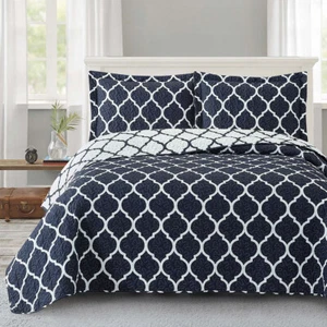 Meridian Printed Over-Sized 3PC Quilt Set Cotton Blend Reversible Coverlets - Picture 1 of 5