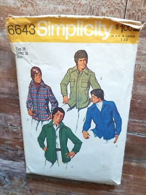Simplicity Sewing Pattern 6643 VTG 70' Men's Unlined Shirt Jacket Casual Size 38 - Image 1 of 2
