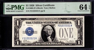 1928 $1 SILVER CERTIFICATE FUNNY BACK FANCY BINARY SERIAL 2'S PMG CU 64 PPQ - Image 1 of 4