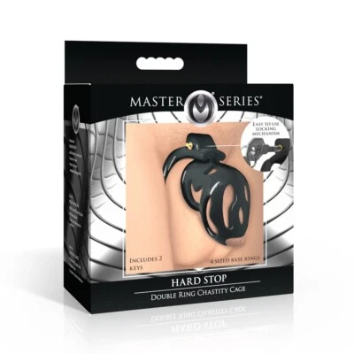 Master Series Hard Stop Double Ring Chastity Cage Black - Cock Cage w Key - Image 1 of 4