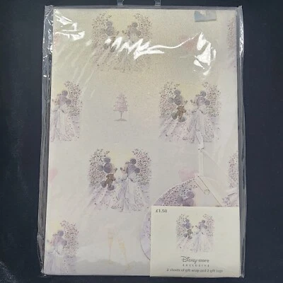 Disney Store UK Mickey Minnie Mouse Wedding Gift Wrap New 2 Sheets 2 Tags - Image 1 of 4