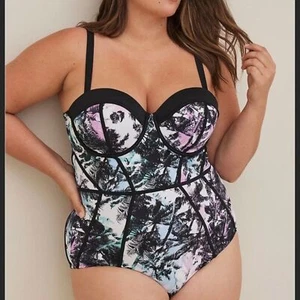 Torrid Black and Pastel Palm Tree Print One Piece Swimsuit Size 2X Cup D-DD - Picture 1 of 11
