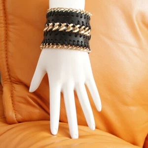 FASHION WIDE CUFF BRACELET L=8" BLACK LEATHER GOLD CHAIN WRAP SNAP CLOSURE - Picture 1 of 1
