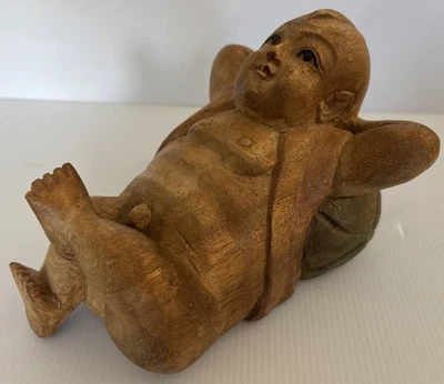 *罕见* 古董手工雕刻木制中国鸦片枕头男孩休息在瓜子上 7 英寸 — 第 1/4 张图片