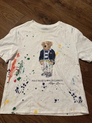 Polo Ralph Lauren BOYS White Bear Splatter Paint Graphic Tshirt Sz L (14-16) EUC - Image 1 of 4