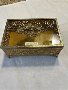 Vintage Jewelry Box Hollywood Regency Gold Ormolu w Flowers Glass Lid 6 1/4” - Picture 1 of 11