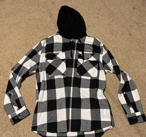 New w/tag Mens Black Gray White plaid hooded flannel shirt size Medium M - Picture 1 of 1