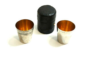ANTIQUE RUMPP & SONS SILVER PLATE SHOT GLASSES IN LEATHER WRAPPED CASE C. 1910