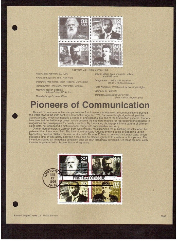 FDC. # 3061-64  32c Pioneers of Communication 1996 USPS Souvenir Page Stamp 9609 - Image 1 of 1