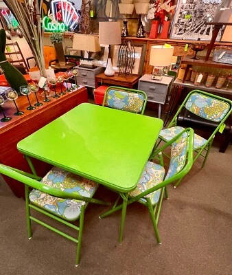 RARA MESA PLEGABLE MCM SAMSONITE 4/SILLAS COMO NUEVA VERDE LIMA FLORAL RETRO Foto 1 de 4