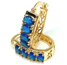 Beautiful 14k Gold Plated 4 blue Sepphire Cushion  Huggie Hoop Earrings #32