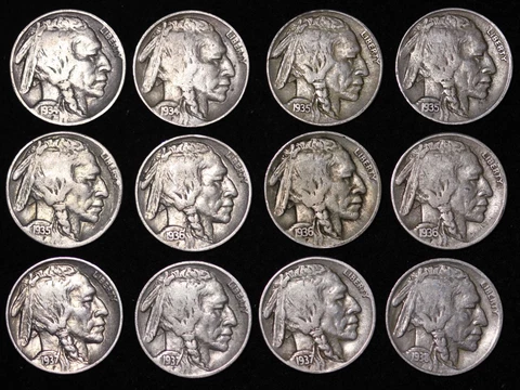 Short Set! ALL 12 Sharp Coins 1934 - 1938 P D S BUFFALO NICKELS 5c FREE P/H Cover