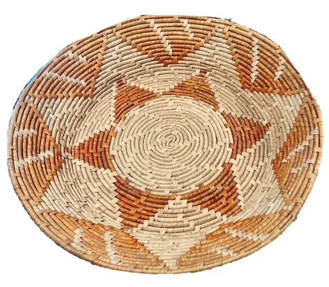 Hand Woven Coil Basket Tribal Design Rust and Tan 14 in Diameter Lg Great Shape Cover