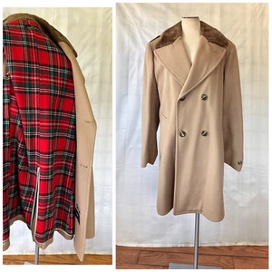 Vintage Zero King Double Breasted Wool Coat 1960s 1970s Taupe Brown Faux Fur - Picture 1 of 9