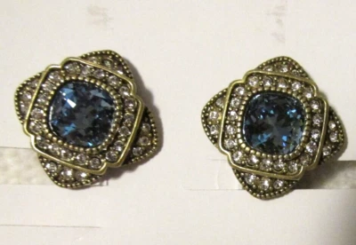 HEIDI DAUS Large Blue Swarovski Center of Smaller Crystal Clip On  Earrings NWOT - Image 1 of 4