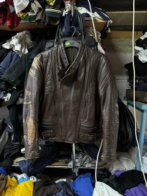 Vintgae Y2K Japanesse Biker Distressed Brown Leather Moto Jacket Large Mens Rare - Image 1 of 4