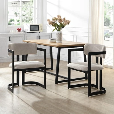 Upholstered Dining Chairs Fabric Armchairs W Beige Seating Black Metal Frame - Image 1 of 4