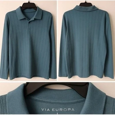 Via Europa Men Polo Large Blue Textured Cotton Blend Casual  Activewear Workwear - Image 1 of 4