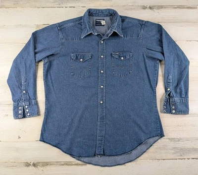 Camisa Wrangler De Colección Para Hombres 17.5 34 Azul Denim Perla A Presión Hecha en EE. UU. Foto 1 de 4