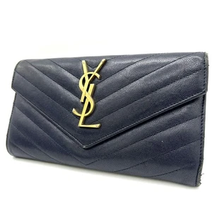 Saint Laurent Flap Wallet Long Purse YSL Cassandra Leather Navy Authentic - Picture 1 of 17