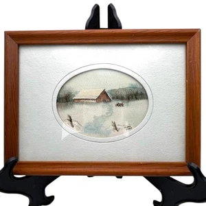 Vintage Original Framed Watercolor Painting Artist Signed Snow Barn & Tractor - Picture 1 of 7